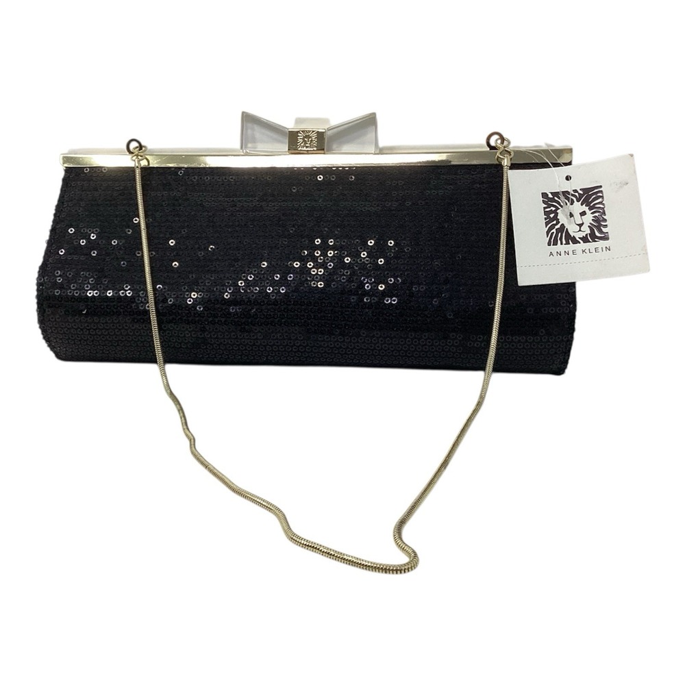 Anne Klein Black Evening Bag Clutch Clear  Acrylic Bow Clasp Sequin Fabric